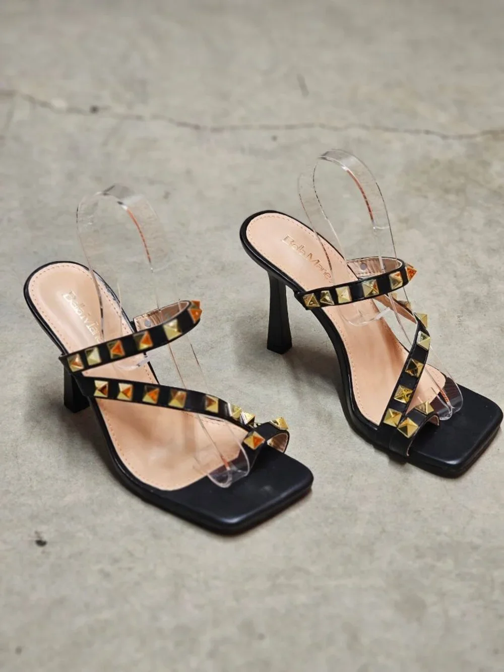 Black Studded High Heel Sandals With Straps And Square Toe Design For Women
